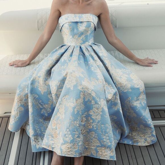 MAC DUGGAL 20726 Blue Strapless Brocade Midi Dress with Pockets - Picture 2 of 16